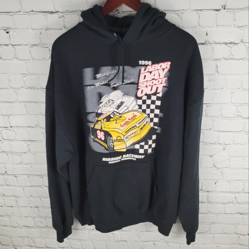 JERZEES | vintage 1996 90s Labor Day Shootout Hibbing Raceway MN pullover hoodie